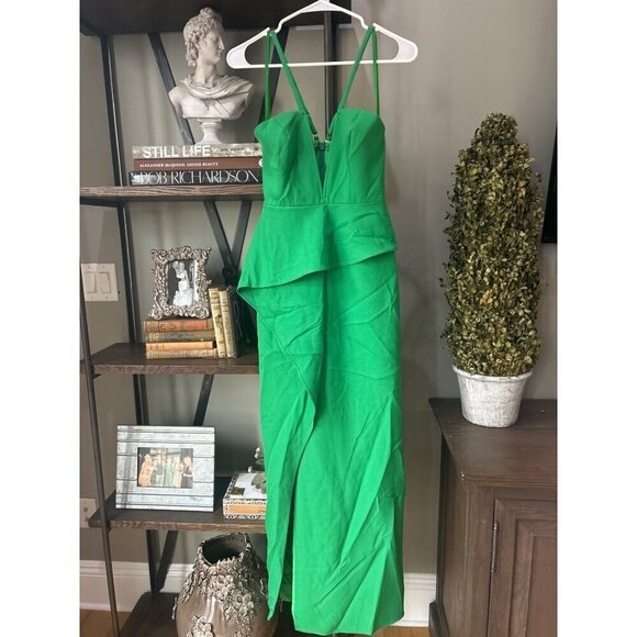 BCBGMAXAZRIA Daphne Peplum Crepe Evening Gown Malachite Womens Size 0 - Picture 4 of 10